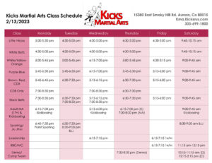 Kicks Martial Arts Schedule